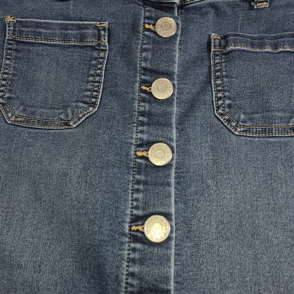 GUESS Denim Mini Skirt Large Blue Button Front Distressed Frayed Raw Hem Pockets - Picture 4 of 12